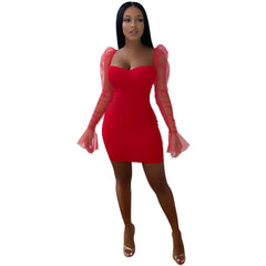 Sexy Solid Color Stitching Mesh Short Dress – Women’s Clothing