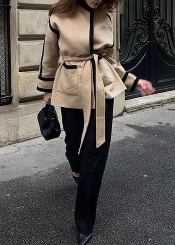 Contrast Trim Belted Wool Coat