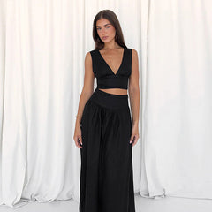 Summer Women Sexy Backless Black Vest High Waist A line Dress Two Piece Set Women