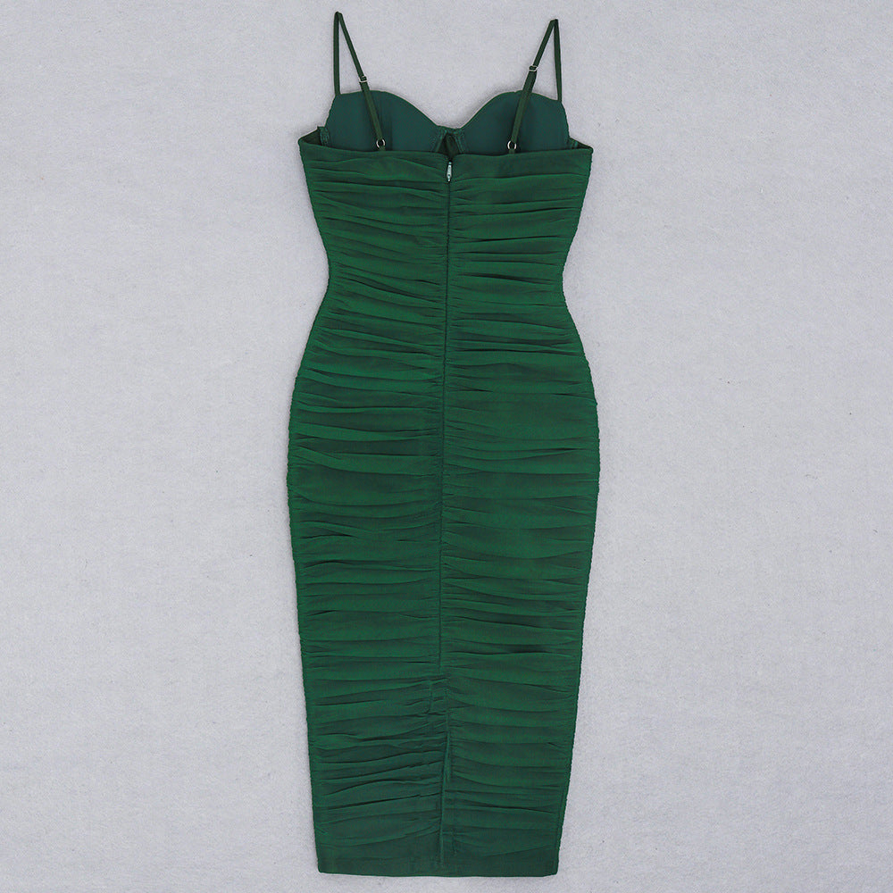 Women Sexy Sling Bandage Dress Cocktail Party Elegant Dress Mesh Pleats Tight Dress