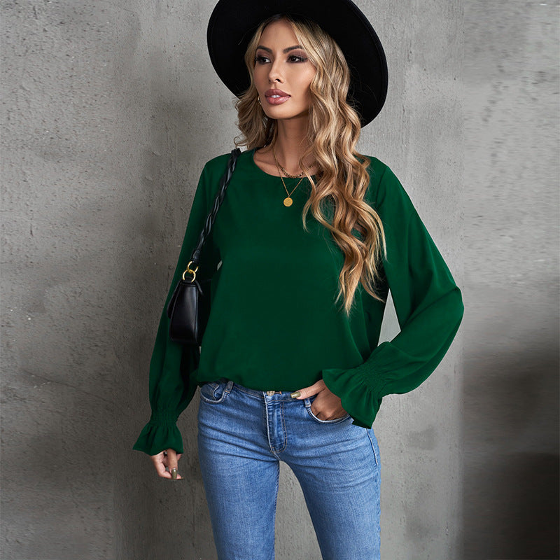 Solid Color Long Sleeved T shirt Women Spring Autumn round Neck Pullover Ruffled Puff Sleeve Top Women