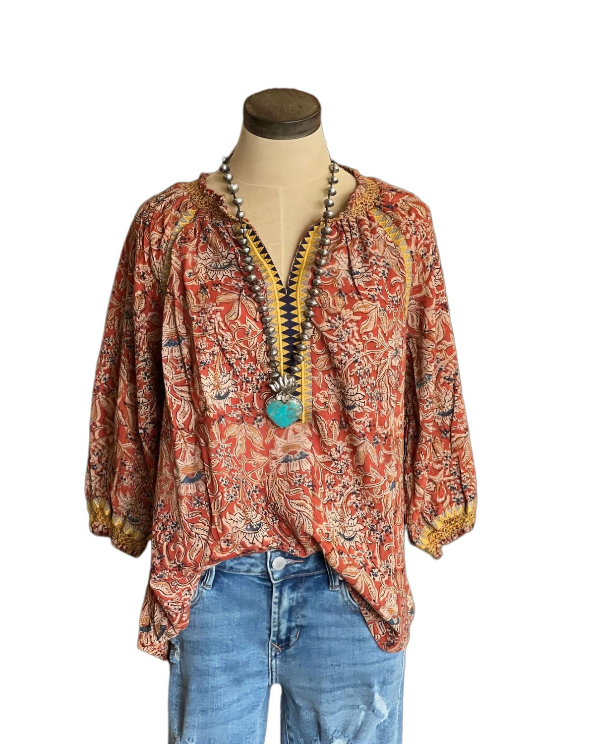 Ladies Bohemian Print Bell Sleeve Smocking T Shirt