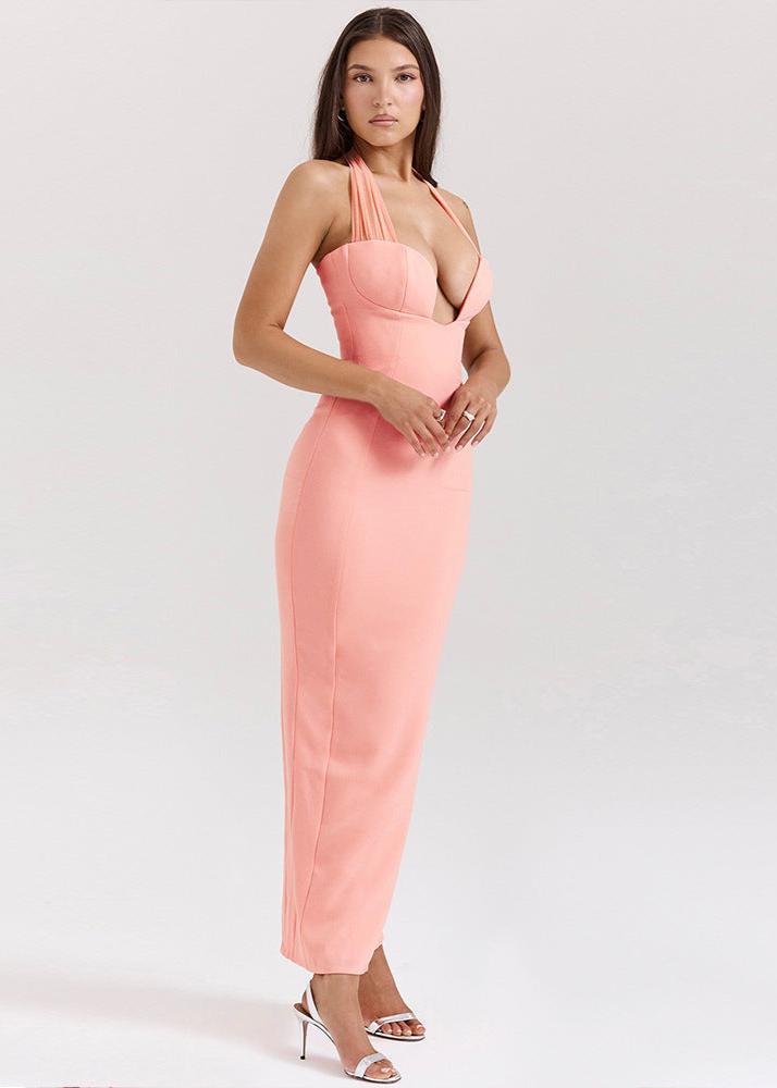 Coral Elegance Halter Maxi Dress