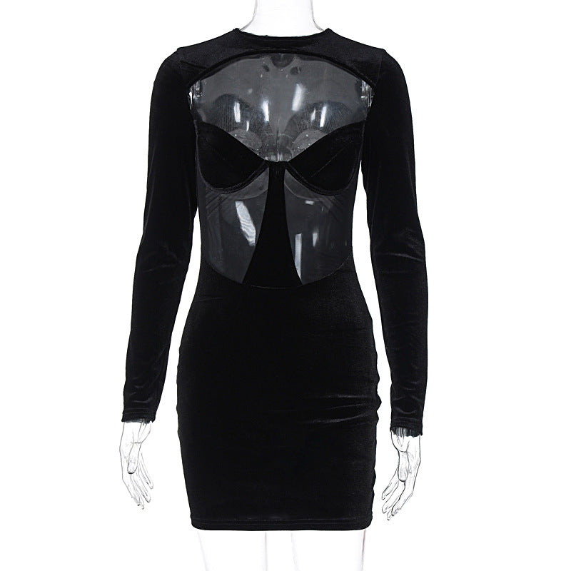 Winter Sexy Cutout See through Slim-Fit Long Sleeve Narrow Dress for Women