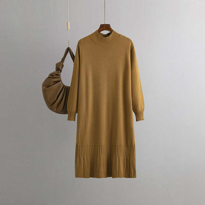 Autumn Winter Mid Length Knitting Dress: Loose Slimming Turtleneck Sweater Coat