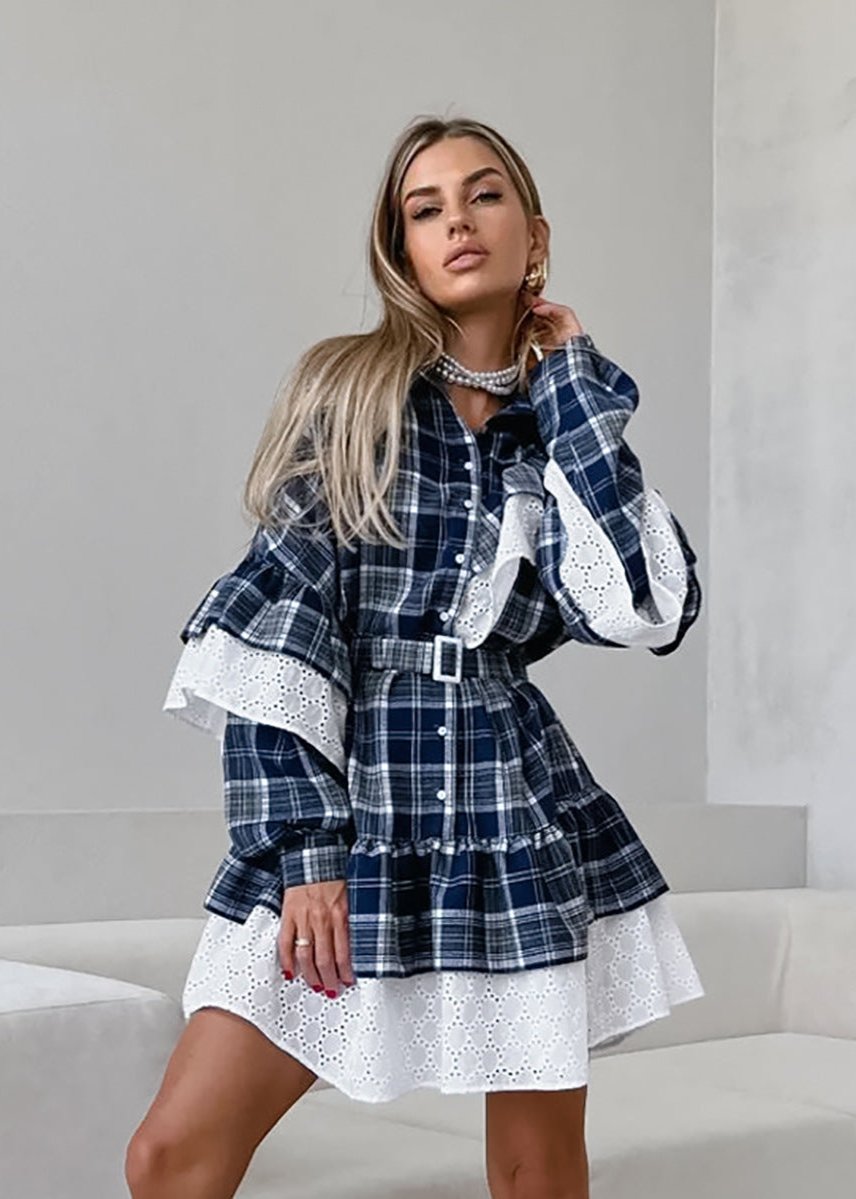 Plaid Elegance Ruffle Shirt Dress