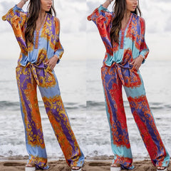 Spring Summer Women Clothing Bohemian Printed Long Sleeved Top Casual Straight Pants Suit