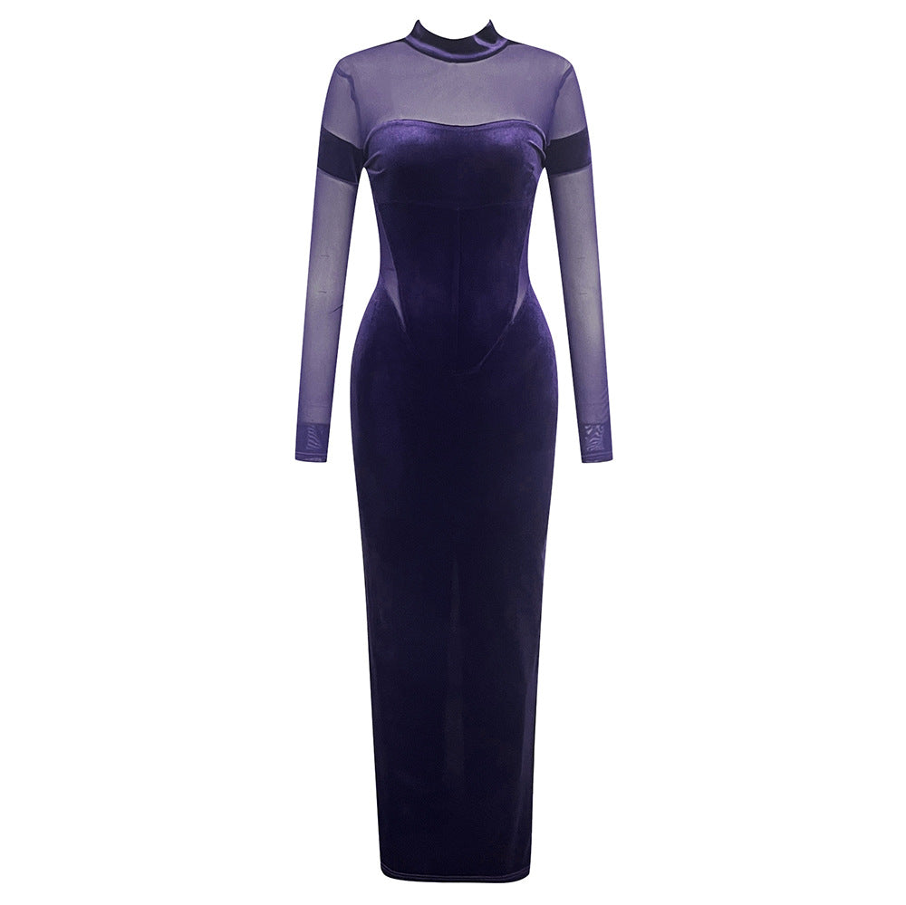 Winter Sexy Mesh Half High Collar Long Sleeves Skinny Hip Elegant Lady Purple Evening Party Dress