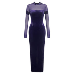 Winter Sexy Mesh Half High Collar Long Sleeves Skinny Hip Elegant Lady Purple Evening Party Dress