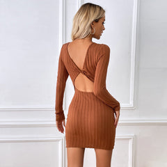 Autumn Winter Slim Fit Elegant Texture Knitted Sexy Backless Sheath Dress