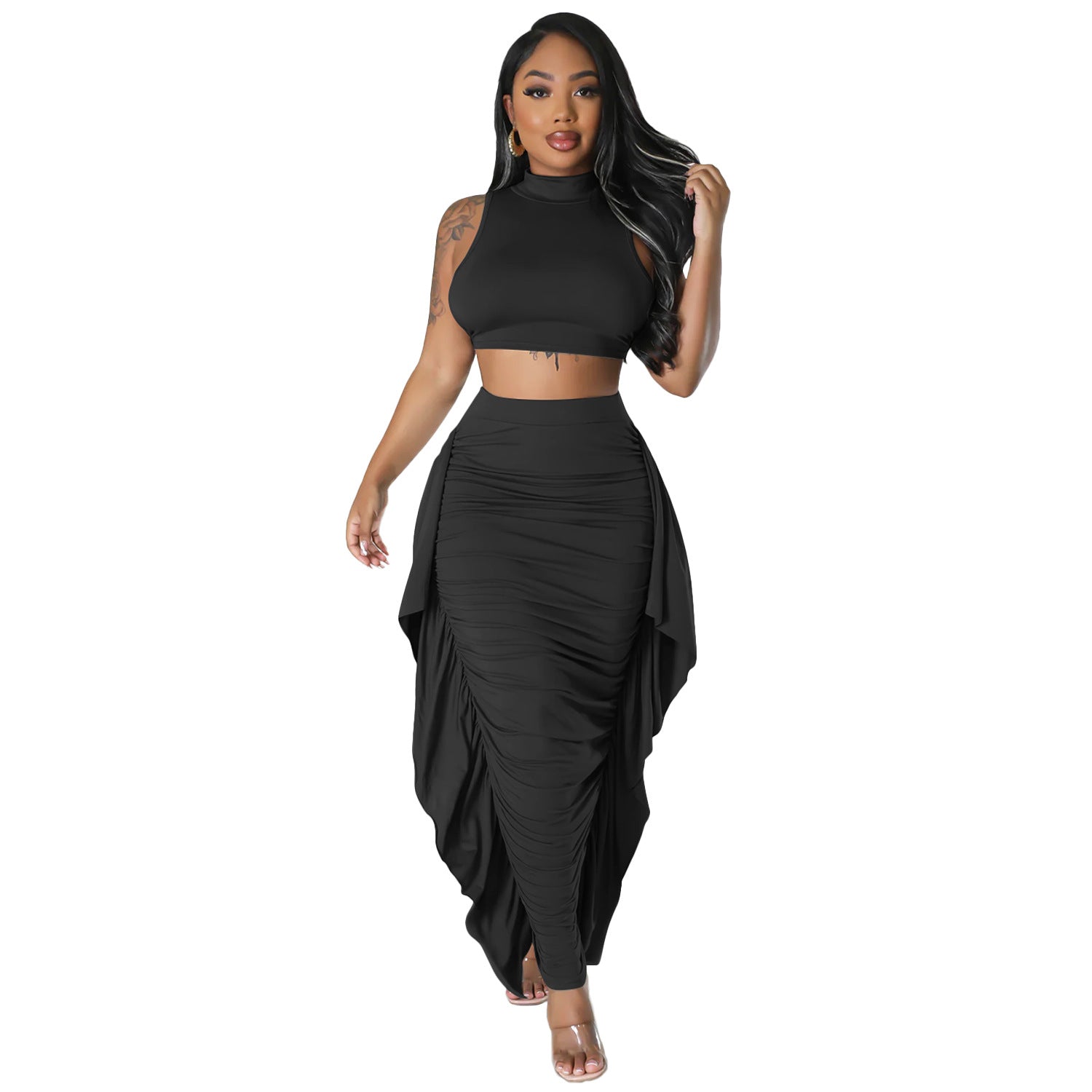 Summer Women Clothing Sexy Tight Tassel Sleeveless Two Piece sets Skirt Set