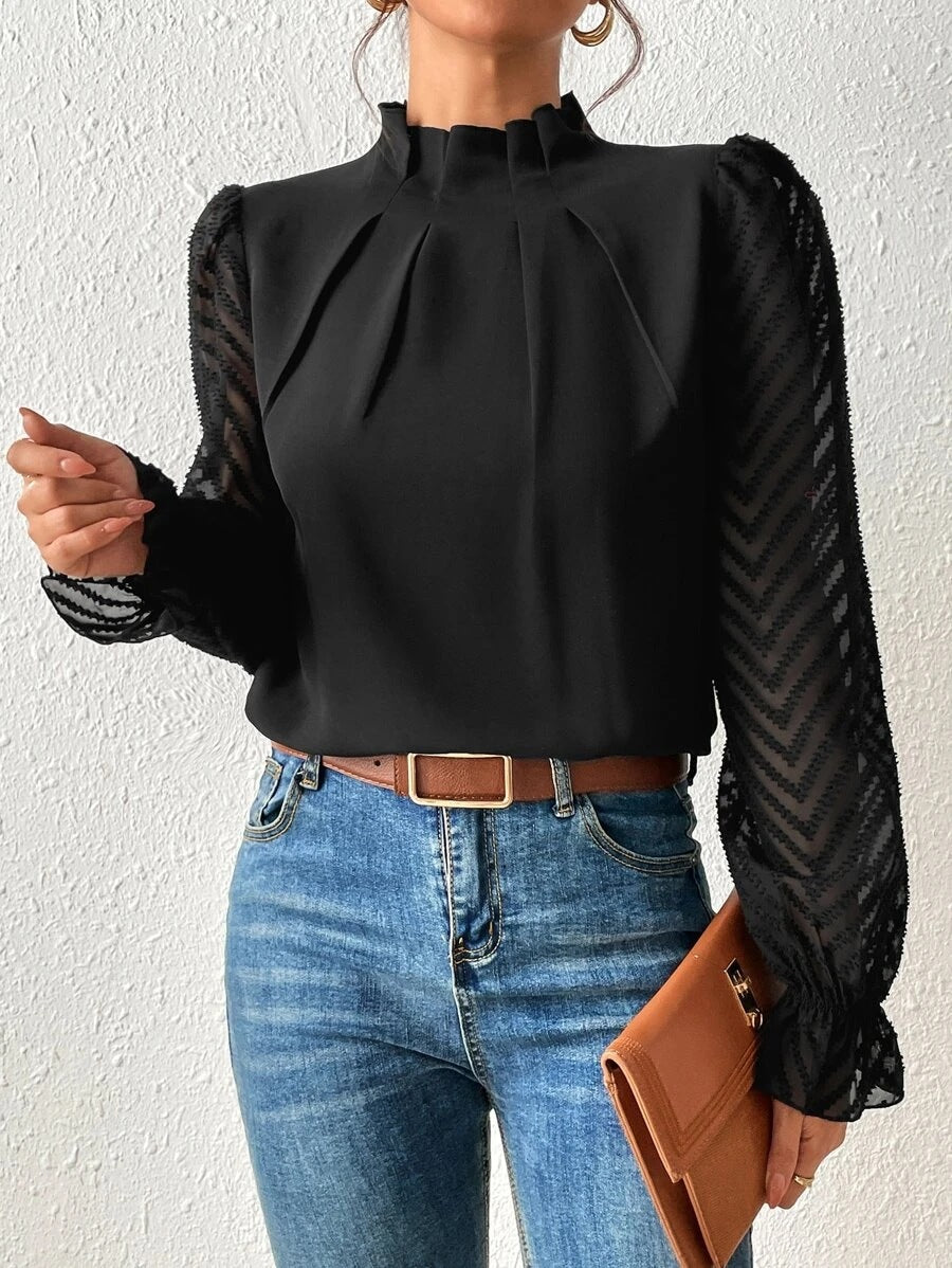 Women Clothing Autumn Winter Half Turtleneck Stitching Wave Pattern Chiffon Long Sleeve Top Women