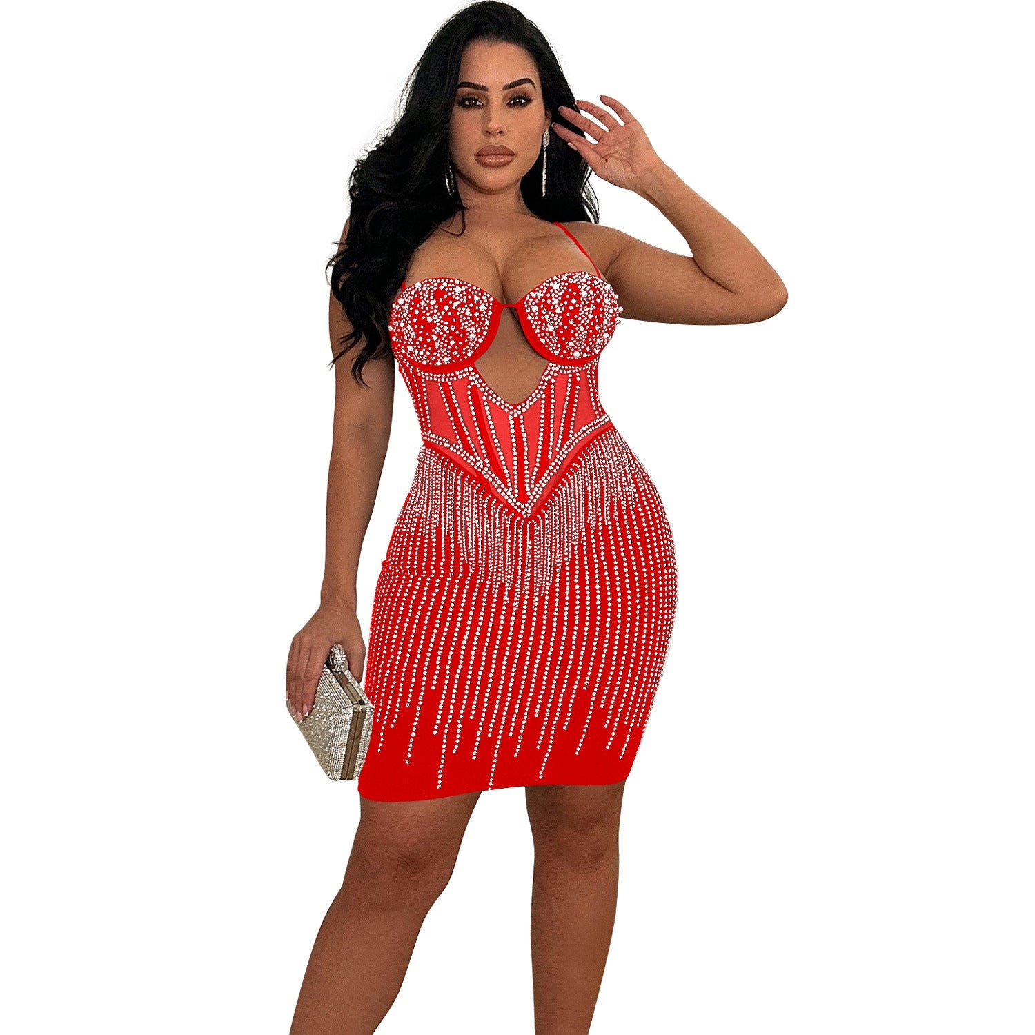 Women’s Solid Color Mesh Rhinestone Slip Dress – Elegant and Sparkling Option for Any Occasion