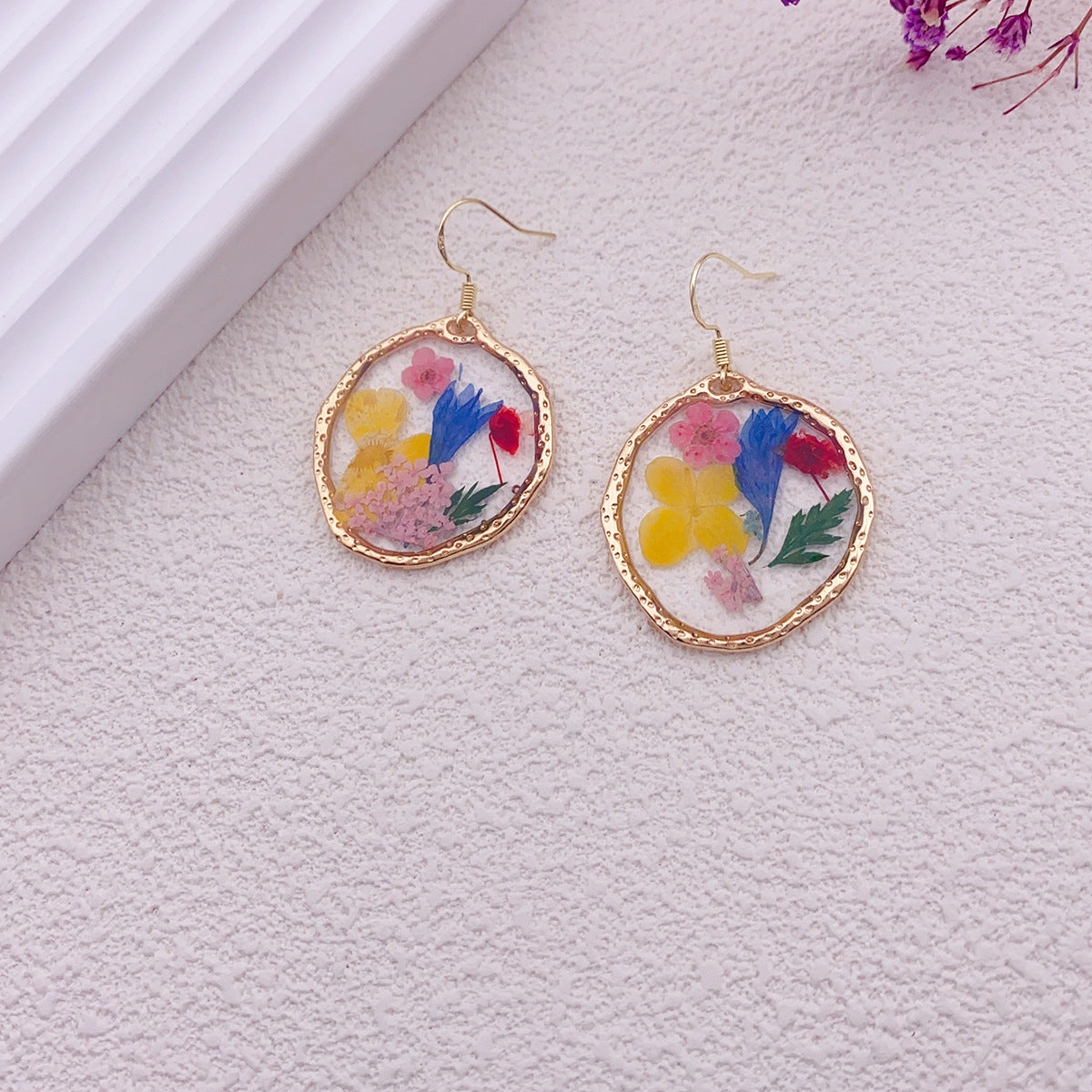 Drop Glue Multicolour Dried Flower Gold Earrings