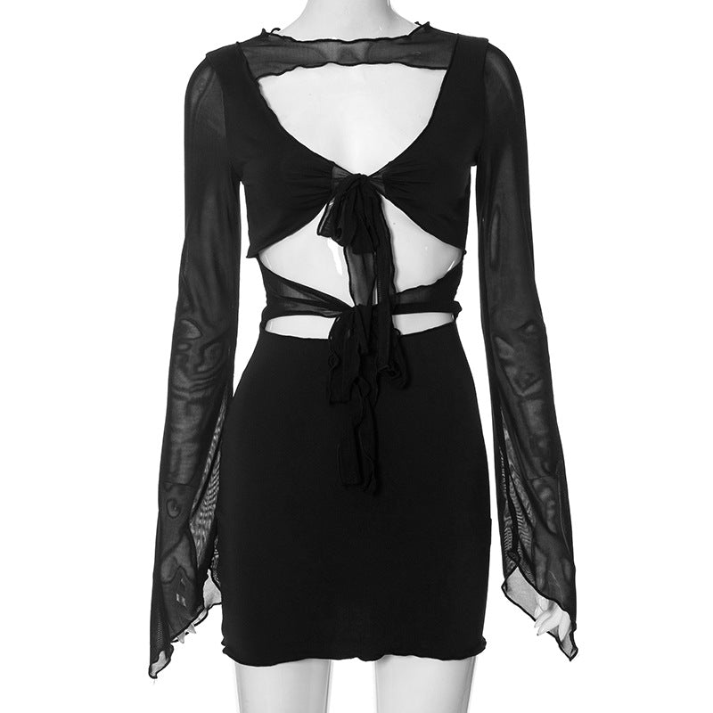 Sexy Solid Color Mesh Hollow Out Cutout Out Tied Design V Neck Long Sleeve Short Hip Hugger Dress