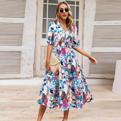 Summer Women V Neck Bohemian Printed A Line Dress – Floral Beach Party Sundress