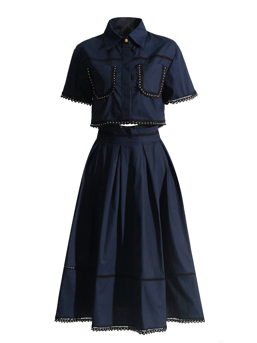 French Elegant Collared Ruffled Short Sleeves Shirt High Waist Midi A  line Skirt Two Piece Set