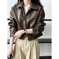 Cool Handsome High Grade Collared Leather Coat Women’s Spring Autumn Hong Kong Faux Leather Jacket Motorcycle Top Trendy