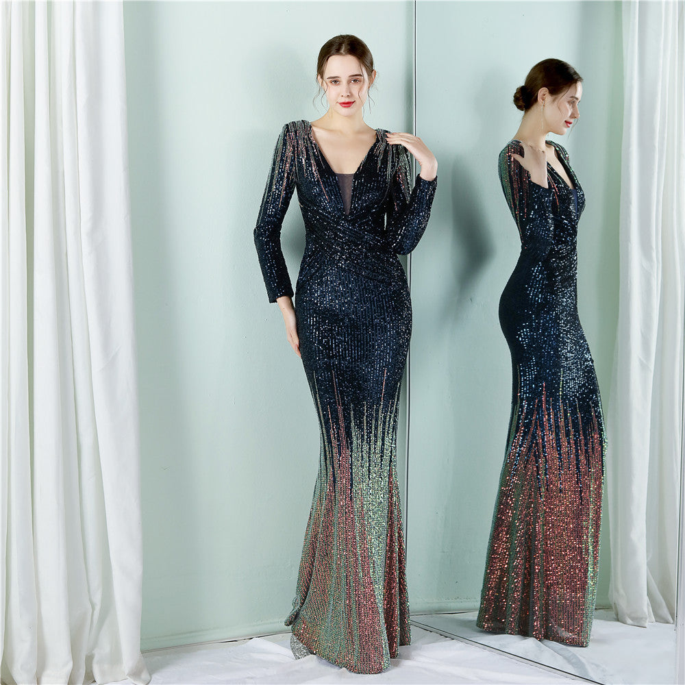 Gradient Sequin Long Sleeve Evening Dress – Spring Summer Toast Dress