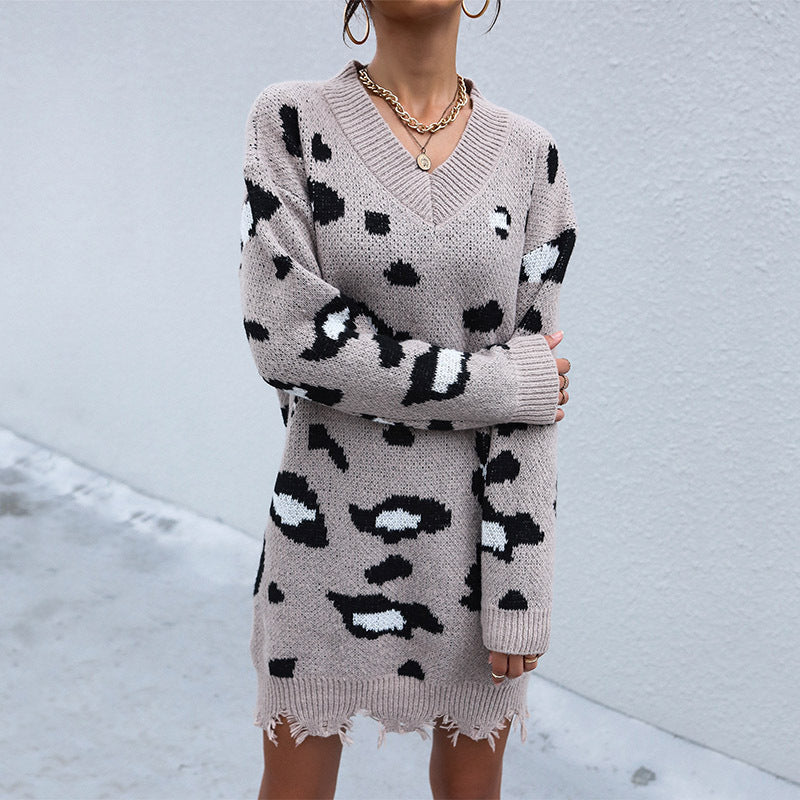 Autumn Winter Fashionable Knitted Long Sleeve V neck Shabby Leopard Print Woolen No Belt