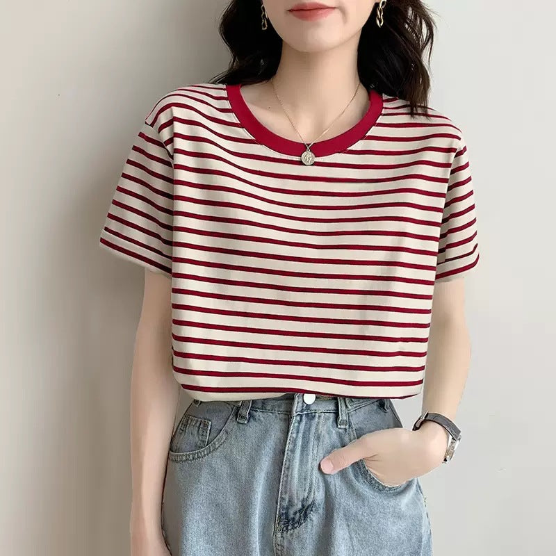 Women’s Green Striped Short Sleeve Summer T-Shirt – Loose Fit Cotton Top