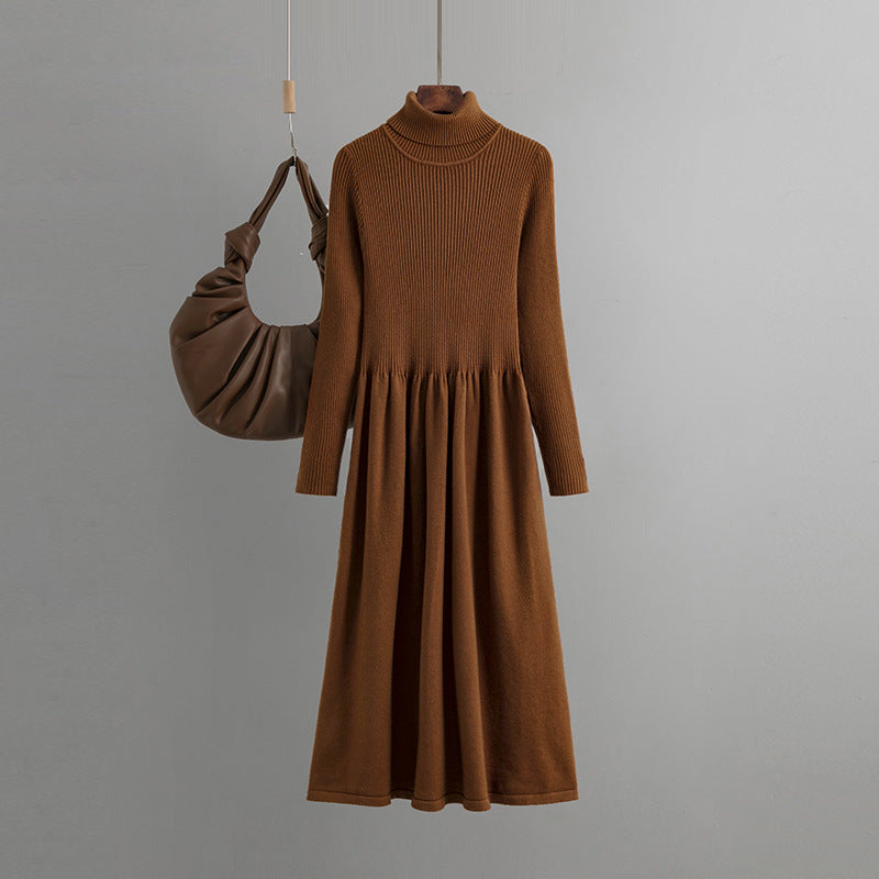 High Neck Inner Wear Knitted Dress for Women Autumn Winter Slim Fit Match with Coat A line Waist Fitted Overknee Base Woolen Dress Tide