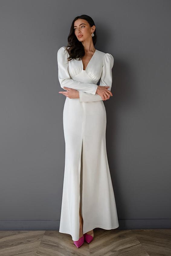 Aurora Grace - Satin V-Neck Fishtail Gown