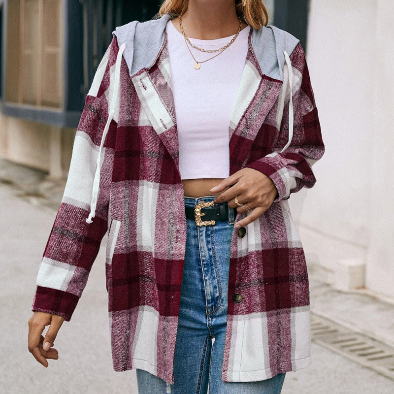 Plaid Hooded Casual Shacket: Loose-Fit Jacket for Stylish Outerwear