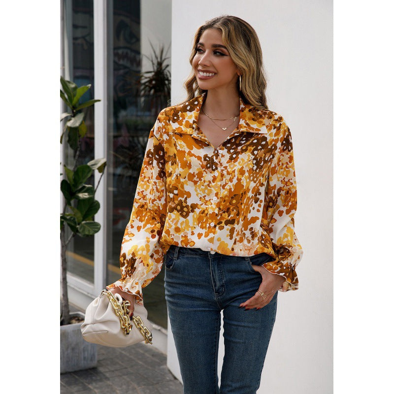 Loose Casual Floral Print Collared Long Sleeve Shirt Top for Women