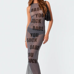 Summer Solid Color Letter Graphic Printed Sexy Mesh Vest Maxi Dress High Waist Dress