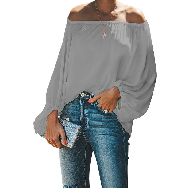 Off Shoulder Top Women Autumn Off Shoulder Solid Color Simple Lantern Sleeve Loose Long Sleeve T Shirt