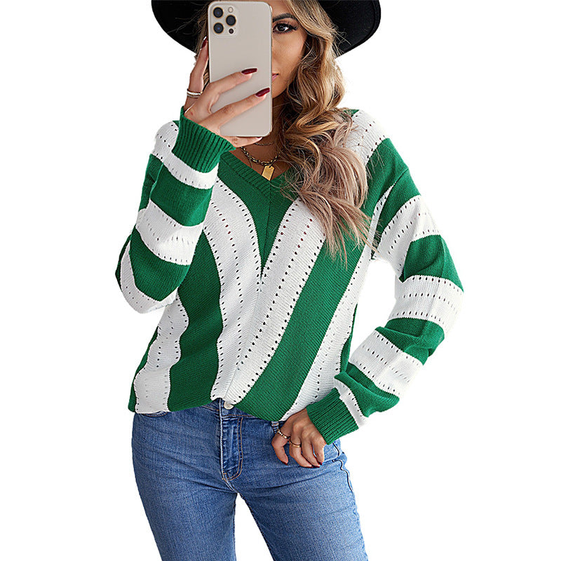 Striped Outerwear Sweater Women Autumn Winter Contrast Color Long Sleeves Knitted Underwear Top