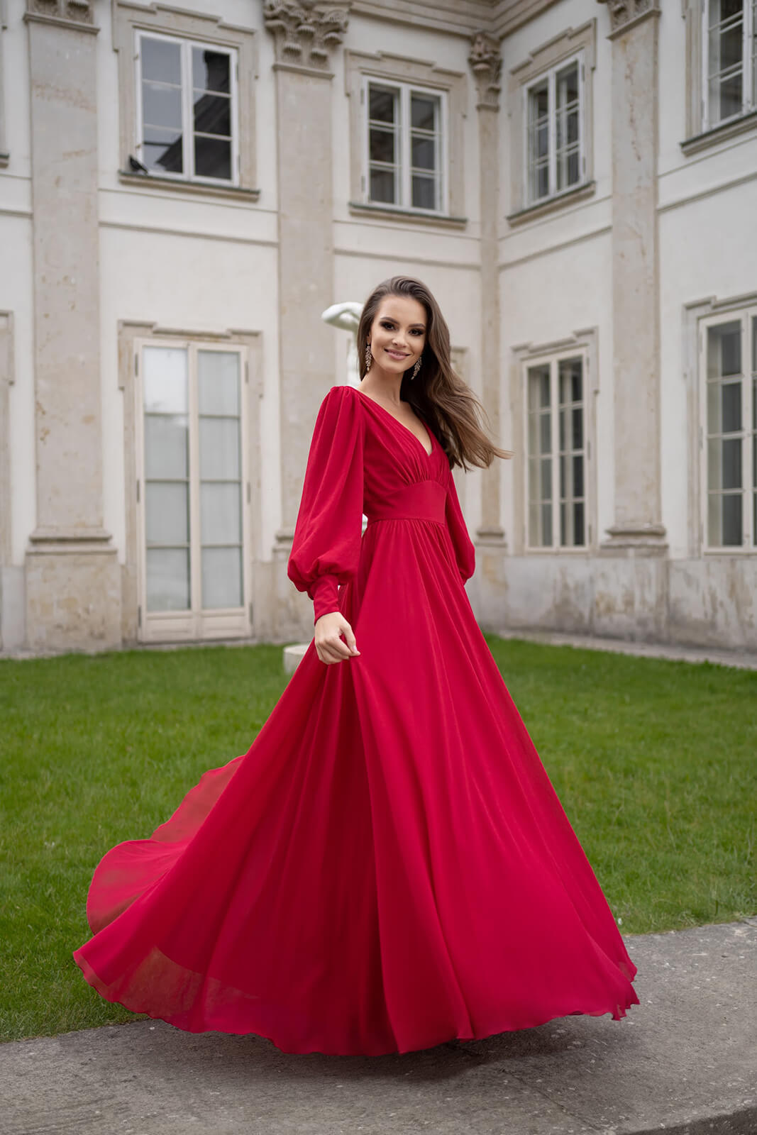 Fall Women  Clothing Dress Sexy Chiffon Long Sleeve Red Dress Long Dress