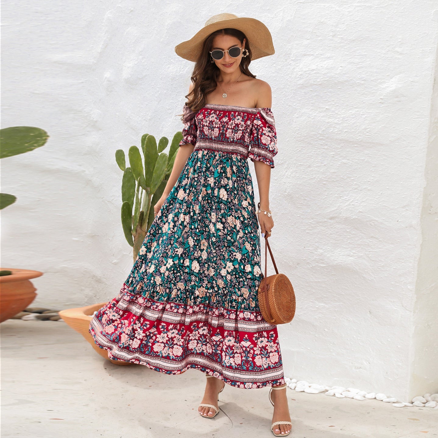 Bohemian Beach Holiday Dress: Off Shoulder Puff Sleeve Floral Midi Dress