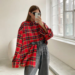 Spring Plaid Shirt Women Trend Retro Plaid Top Baggy Coat Women