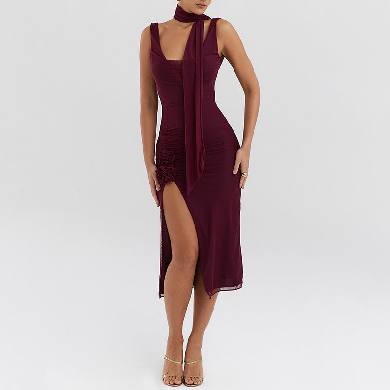 Sexy Mesh Stitching Swing Collar Sleeveless Split Backless Hip Dress