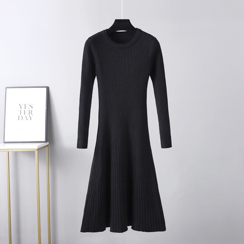 Fall Winter Slim Dress Women Mid Length Dress Round Neck Maxi Dress Solid Color Inner Wear Base Sweater Dress A line Dress