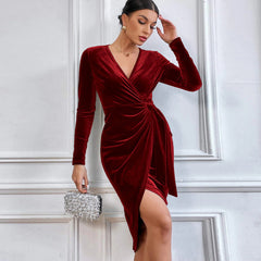 Sexy Maxi Dress V neck Hip Irregular Asymmetric Mid-Length Dress Cocktail Party Dress for Women