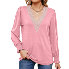 Autumn Winter Solid Color V neck Lace Stitching Loose Long Sleeved T shirt Top