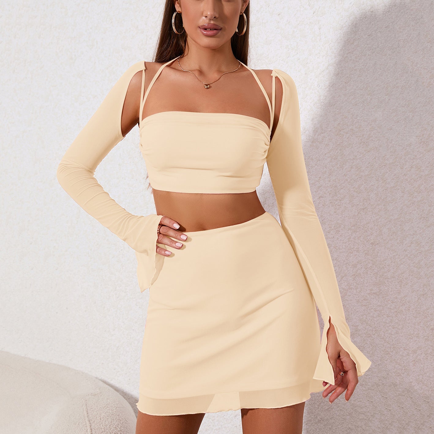 Sexy Mesh Halter Zipper Top and Hip Skirt Set – Two Piece Outfit Arrival