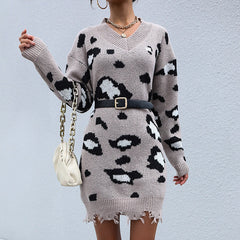 Autumn Winter Fashionable Knitted Long Sleeve V neck Shabby Leopard Print Woolen No Belt