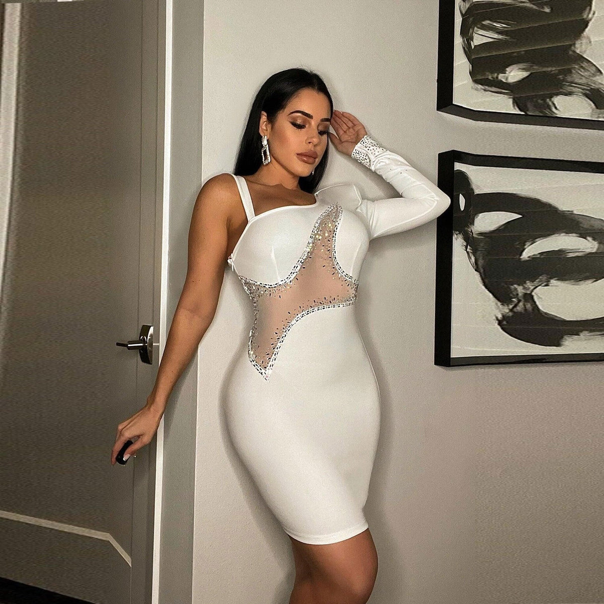 Sexy Slim-Fit Mesh Rhinestone Dress Nightclub