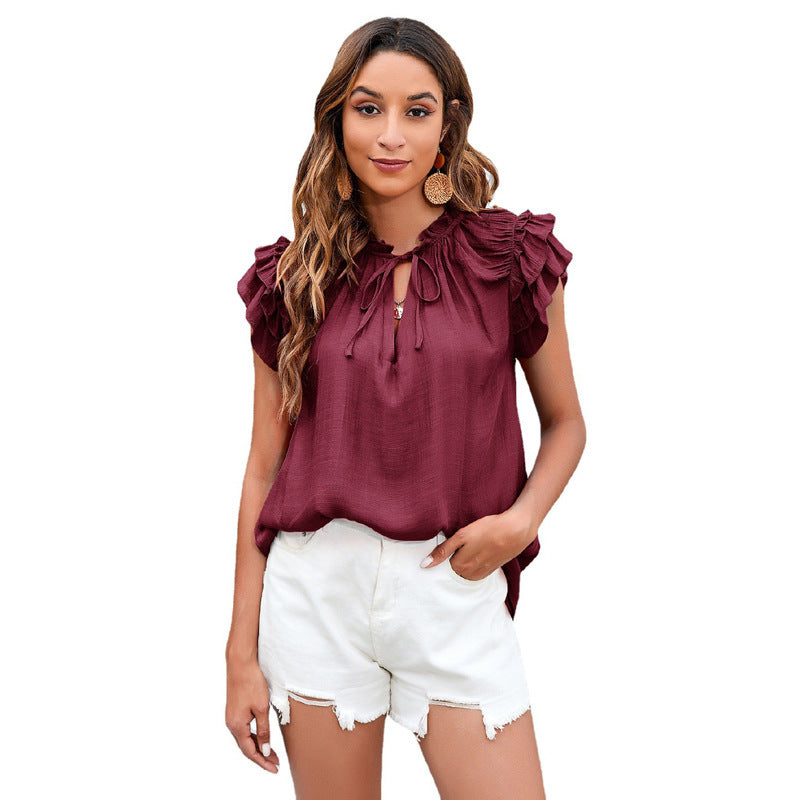 Summer Loose Solid Color Ruffle Sleeve Top V neck Women Clothing T shirt