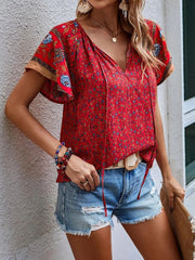 Women Clothing Summer Casual National Printed V Neck Short Sleeve Loose Shirt