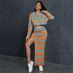 Fall Women Clothing Sexy Knitted Striped Contrast Color High Waist Slim Long Slit Skirt Sets