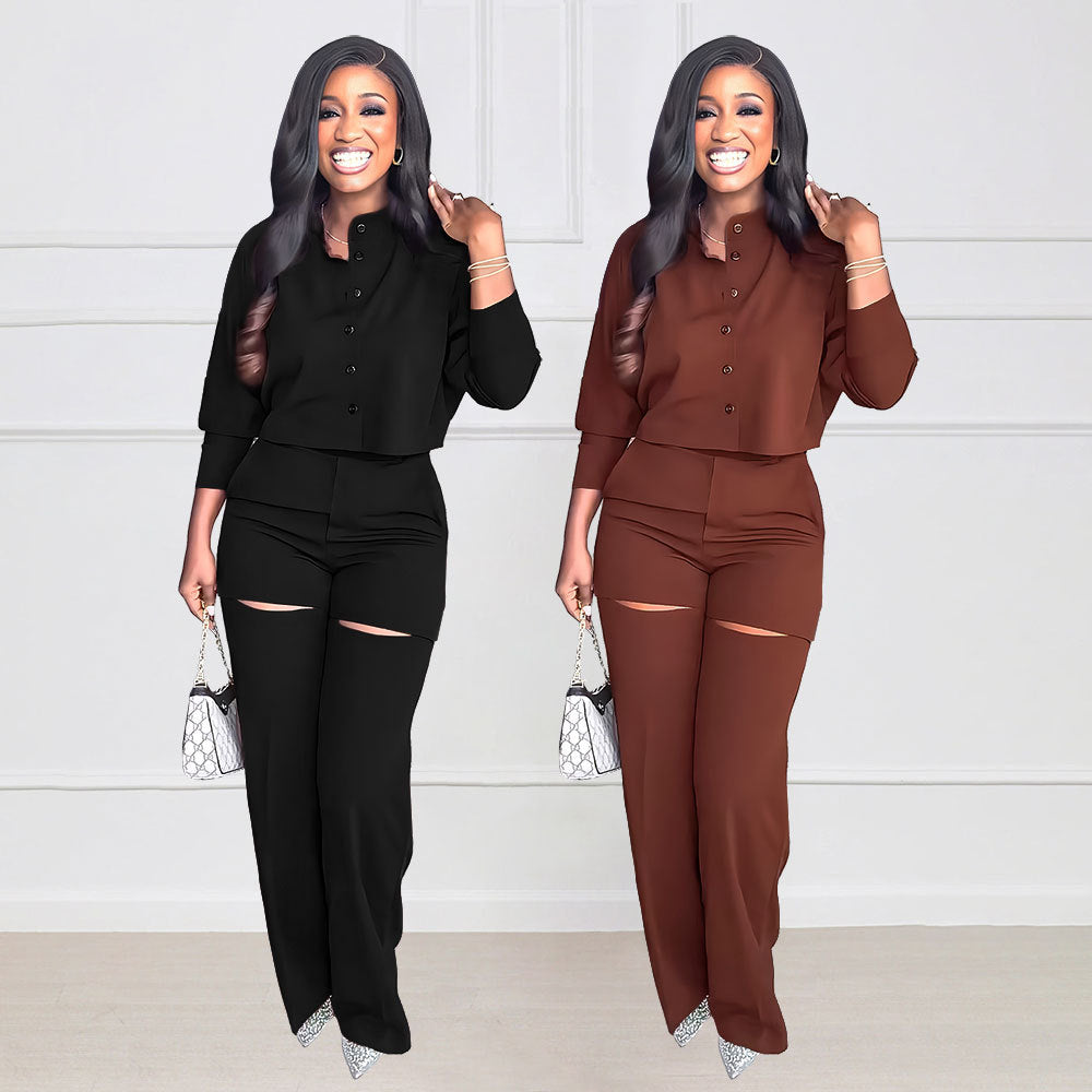 Long Sleeved Cardigan Short Top Suit with High Waist Trousers Two Piece Set