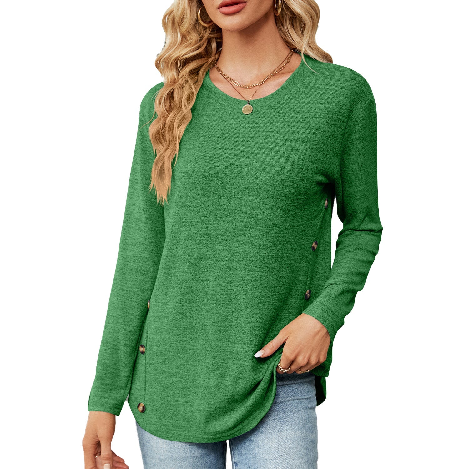 Women Clothing Autumn Winter round Neck Long Sleeve Loose Button T shirt Top Women