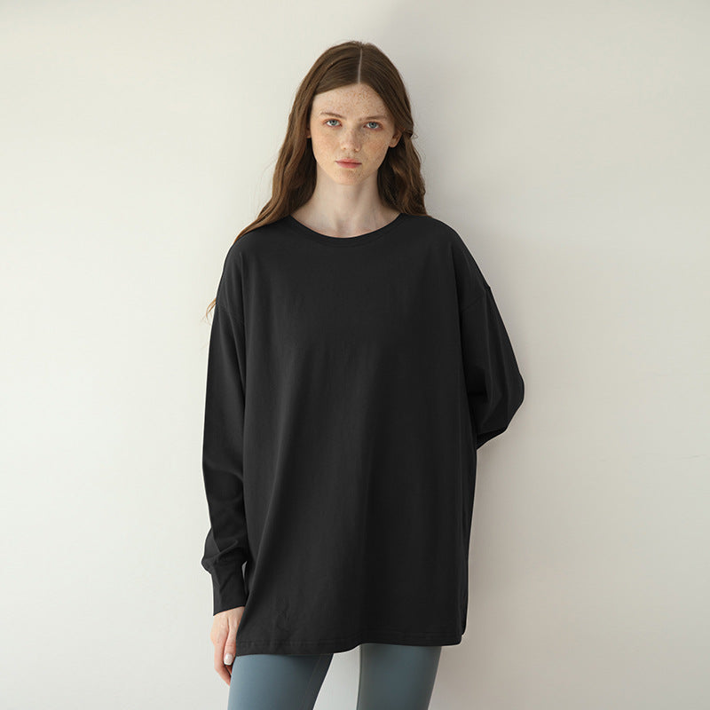 Pure Cotton Round Neck Loose Long Sleeves Bottoming Shirt Sexy Casual Sporty Simplicity T shirt Solid Color Top Women