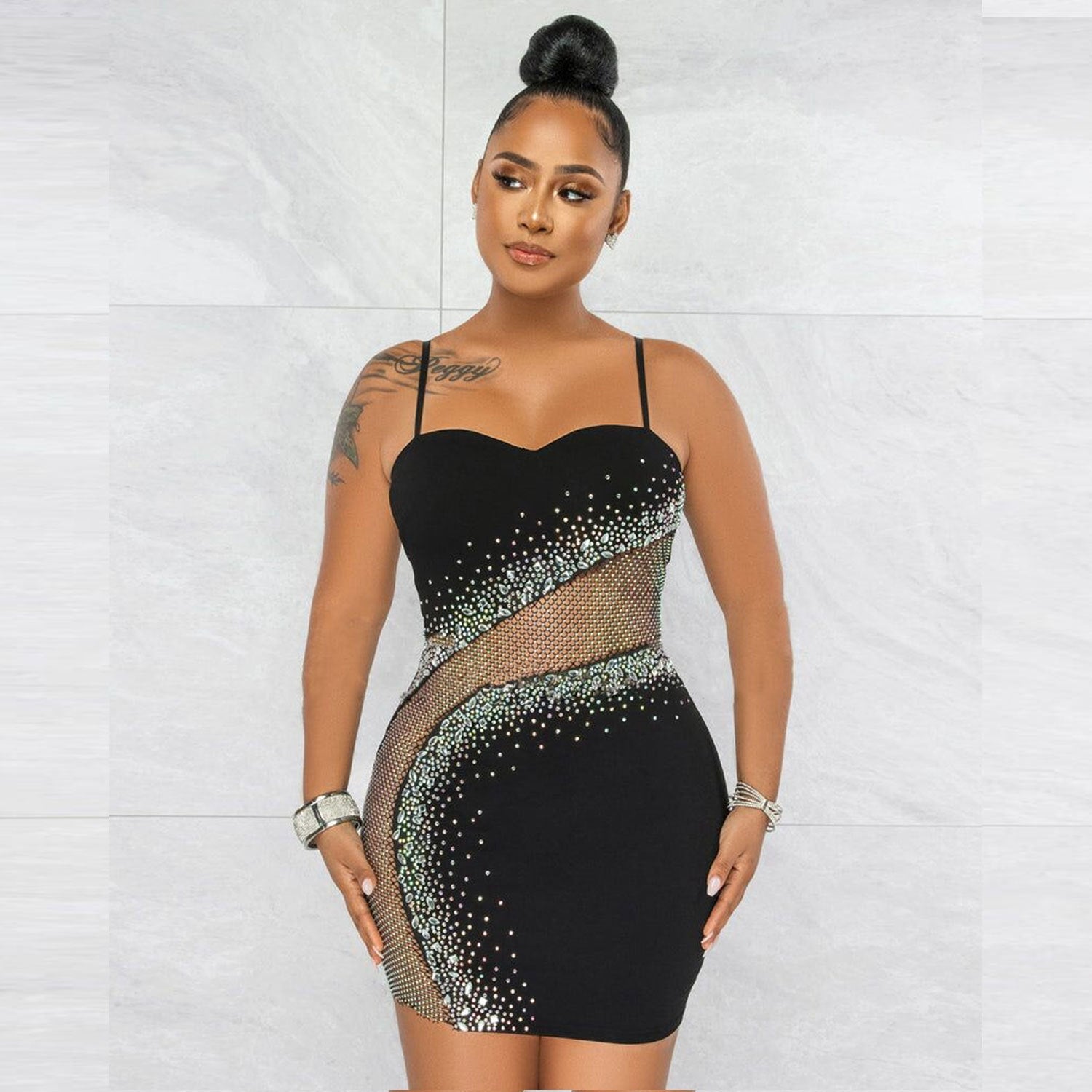 Sexy Slim-Fit Mesh Rhinestone Strap Dress