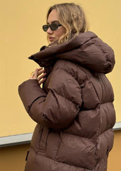 Hooded Chocolate Puffer Jacket - Cozy and Trendy